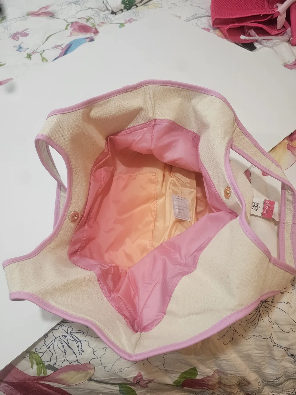 PINK Victoria's Secret Beige Canvas Tote with Pink Trim